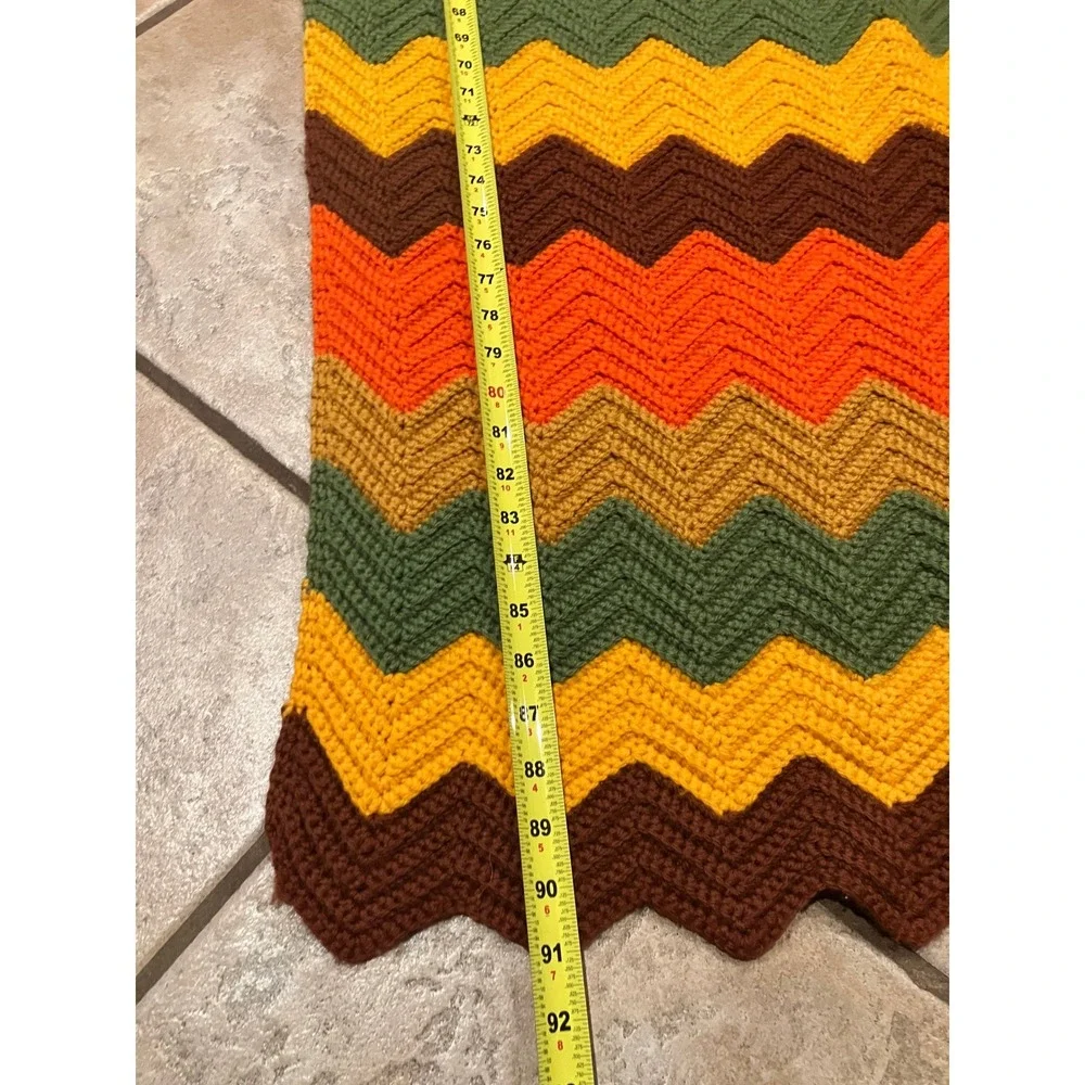 Vintage 70s Handmade Crochet Afghan Blanket Chevron Ripple Brown Orange 43x92